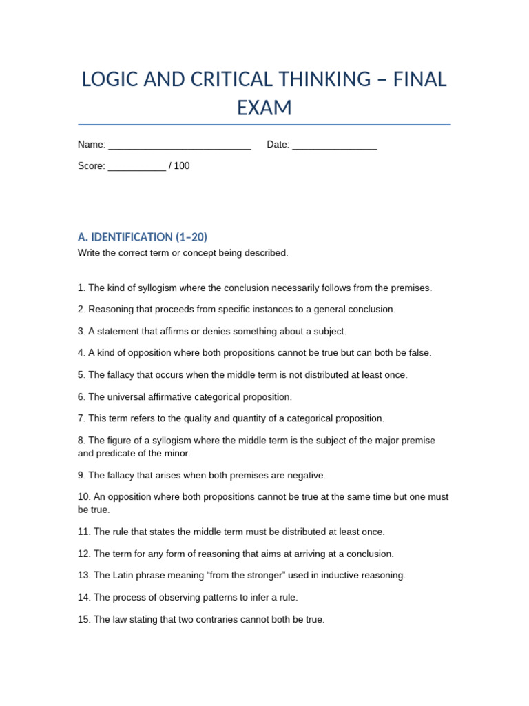 Logic and Critical Thinking Exam Guide | PDF | Logic | Methodology