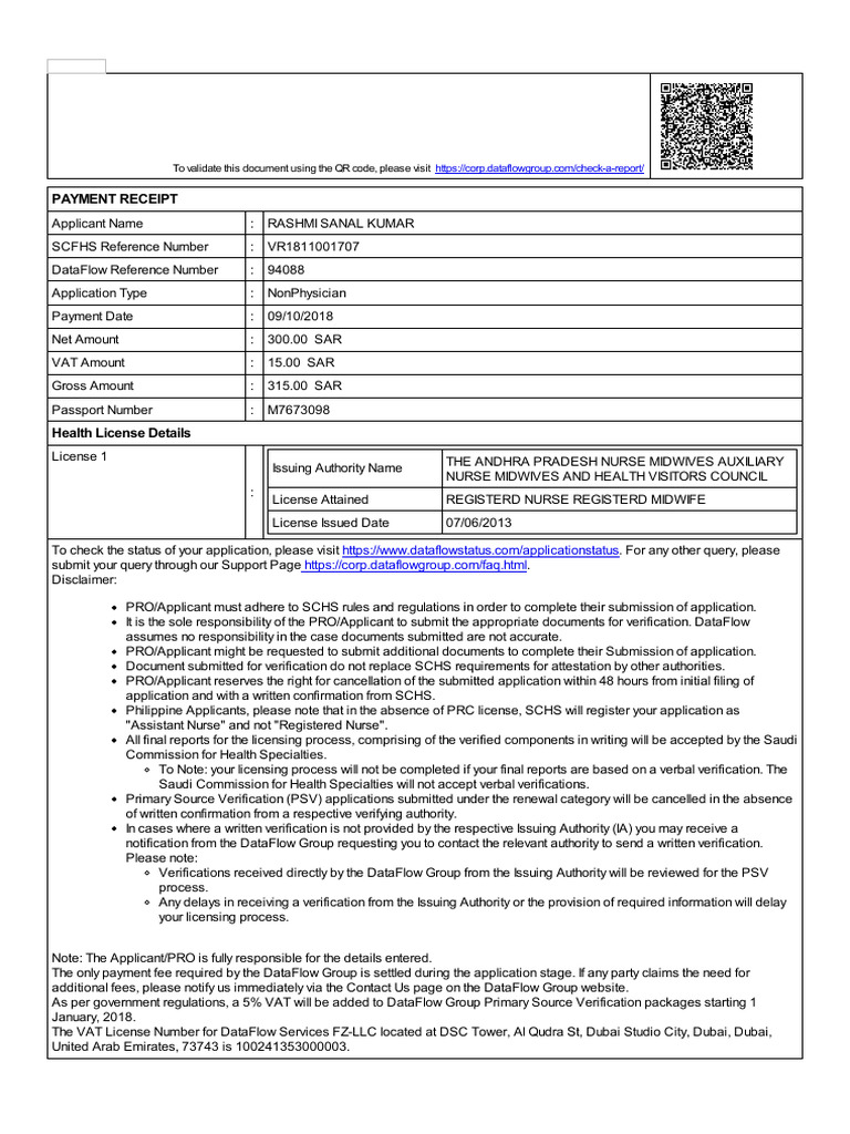 Payment Receipt for SCFHS Application | PDF