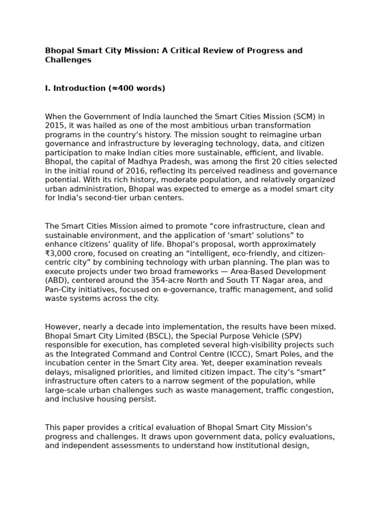 Bhopal Smart City Mission Review: Progress & Challenges | PDF ...