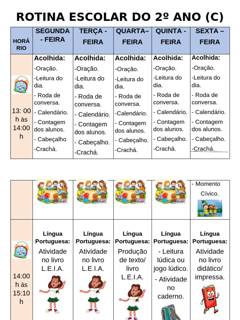 Rotina Escolar 2º Ano: Horários e Atividades | PDF | Recreação | Matemática