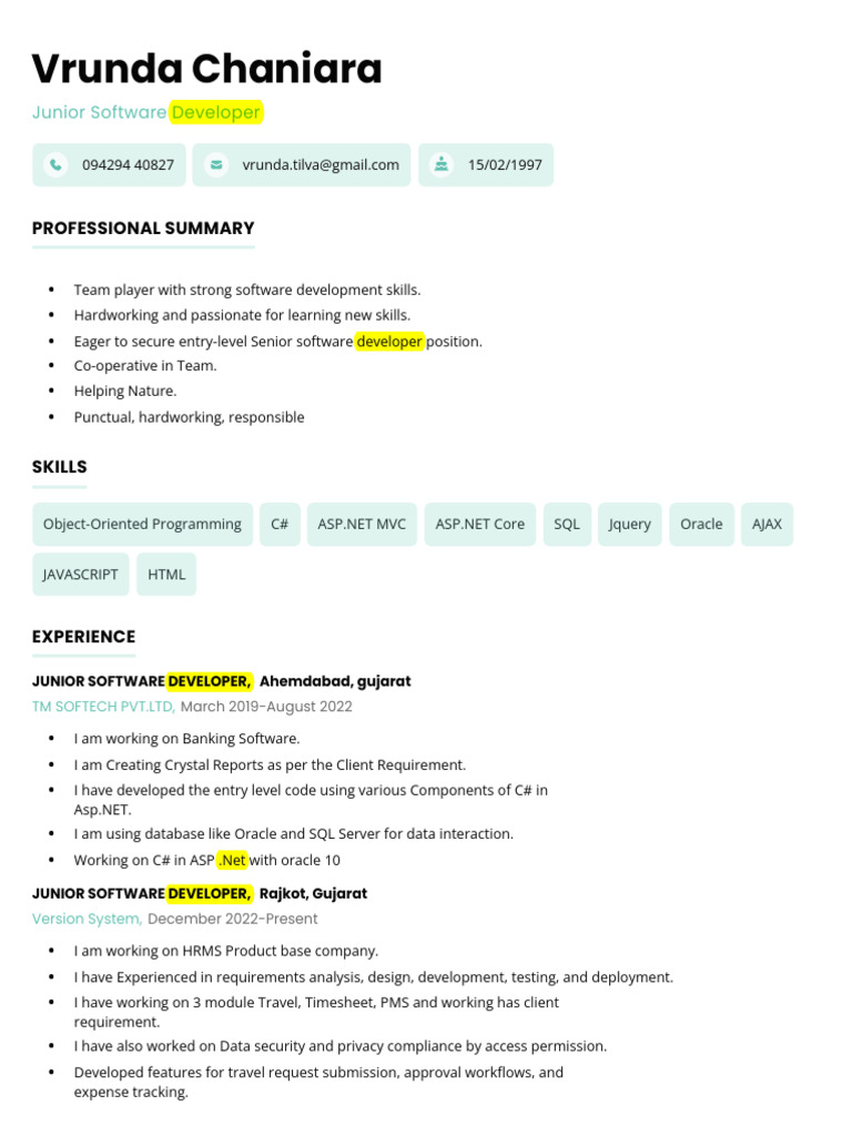 Junior Software Developer Resume | PDF