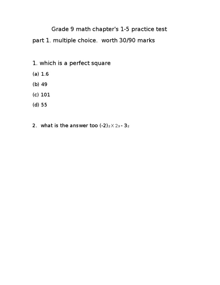 Grade 9 Math Practice Test MCQs | PDF