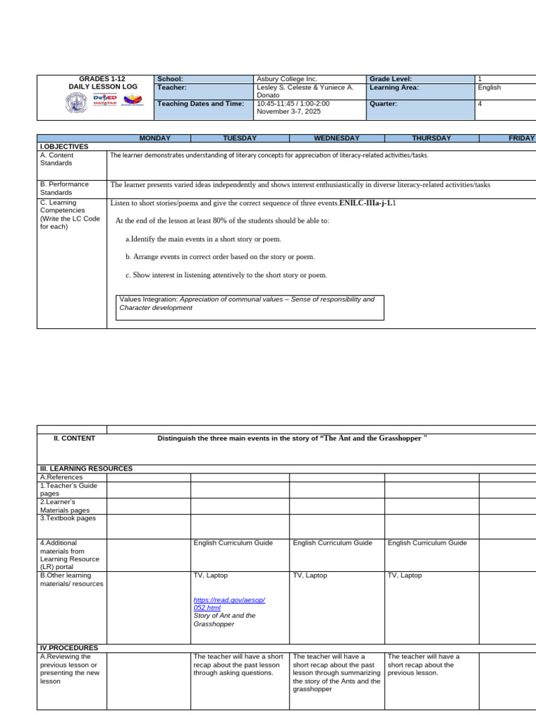 Daily Lesson Log: English Grade 1 | PDF | Teachers | Curriculum