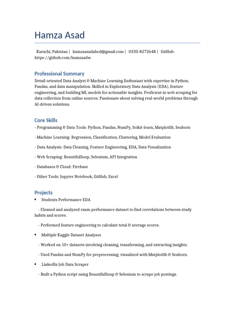 Data Analyst & ML Enthusiast Profile | PDF