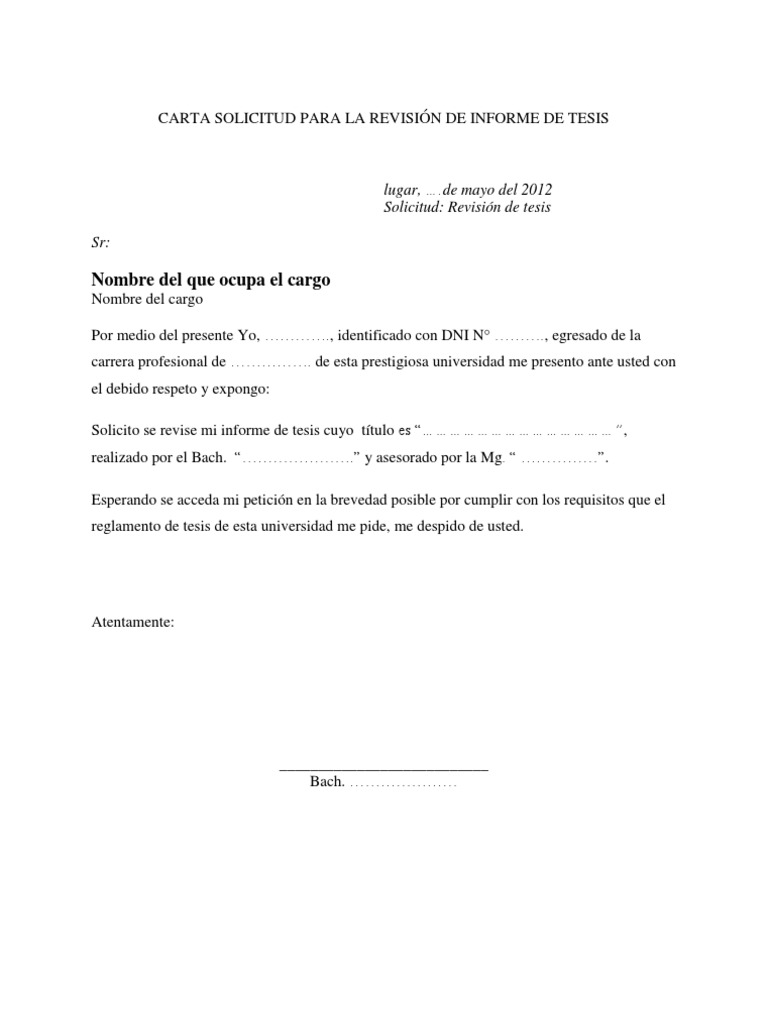 CARTA SOLICITUD PARA LA REVISIÓN DE INFORME DE TESIS