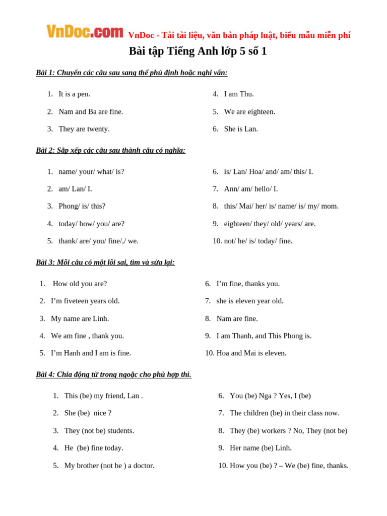 Bai Tap Tieng Anh Lop 5 So 1 | PDF