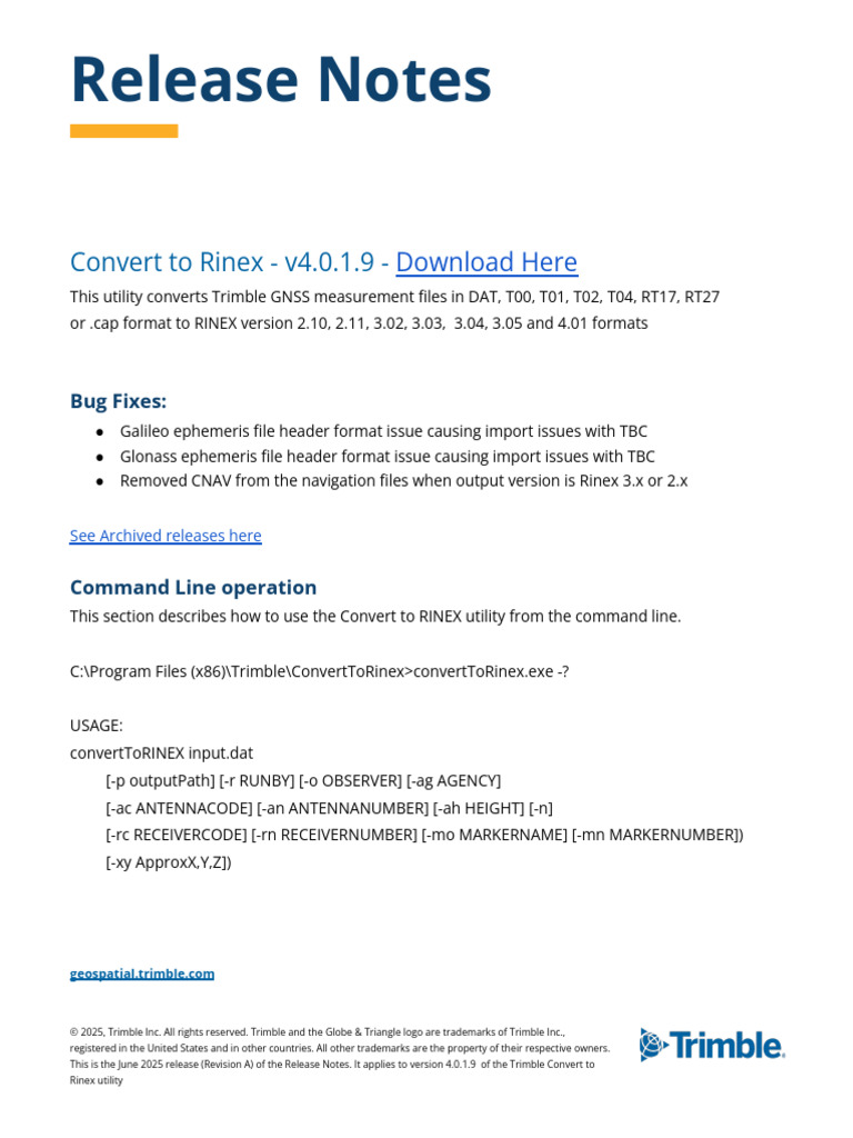 Trimble Convert to RINEX v4.0.1.9 Release Notes | PDF | Computer ...