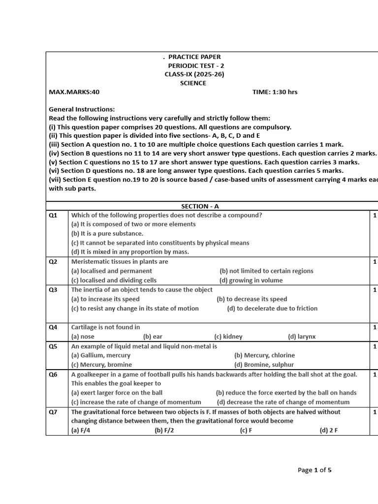 IX Sci - Practice Paper PT-2 | PDF | Force | Tissue (Biology)