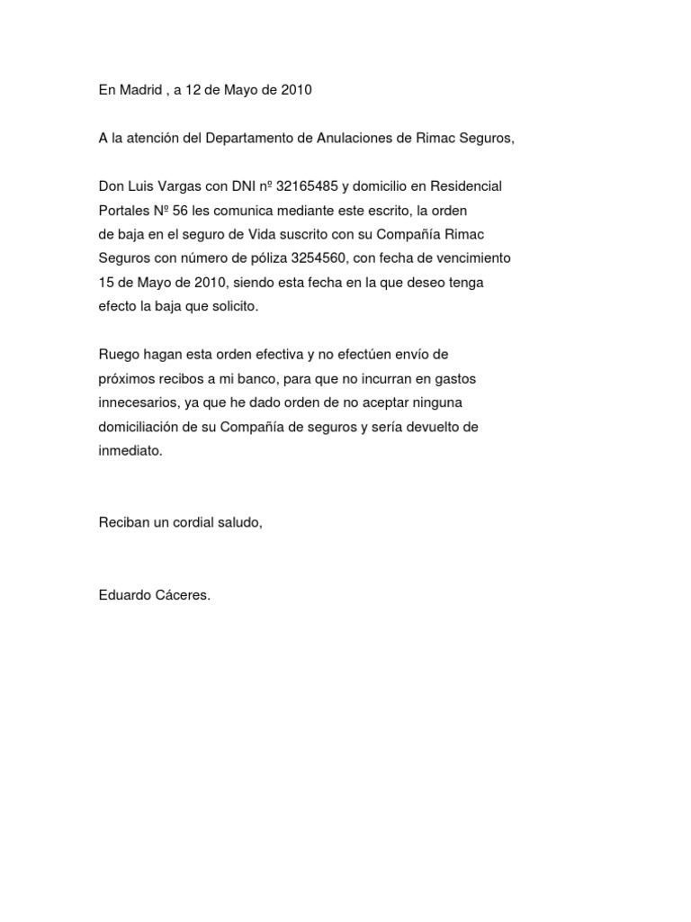 Carta de desafiliación de seguro
