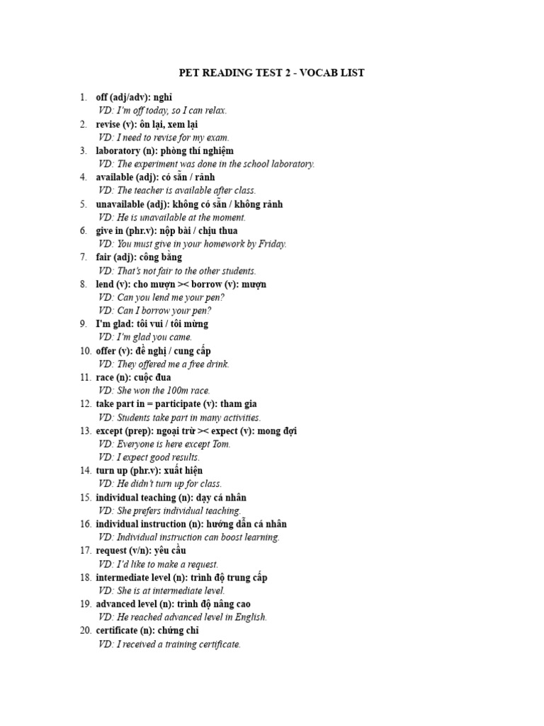 PET Reading Test 2 Vocabulary List | PDF | Chess Theory | Chess