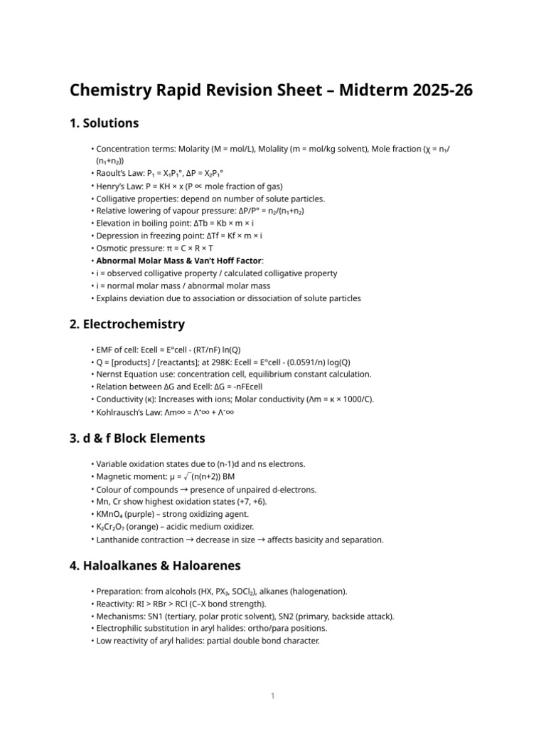 Chemistry Midterm Revision Guide 2025-26 | PDF | Chemistry | Organic ...