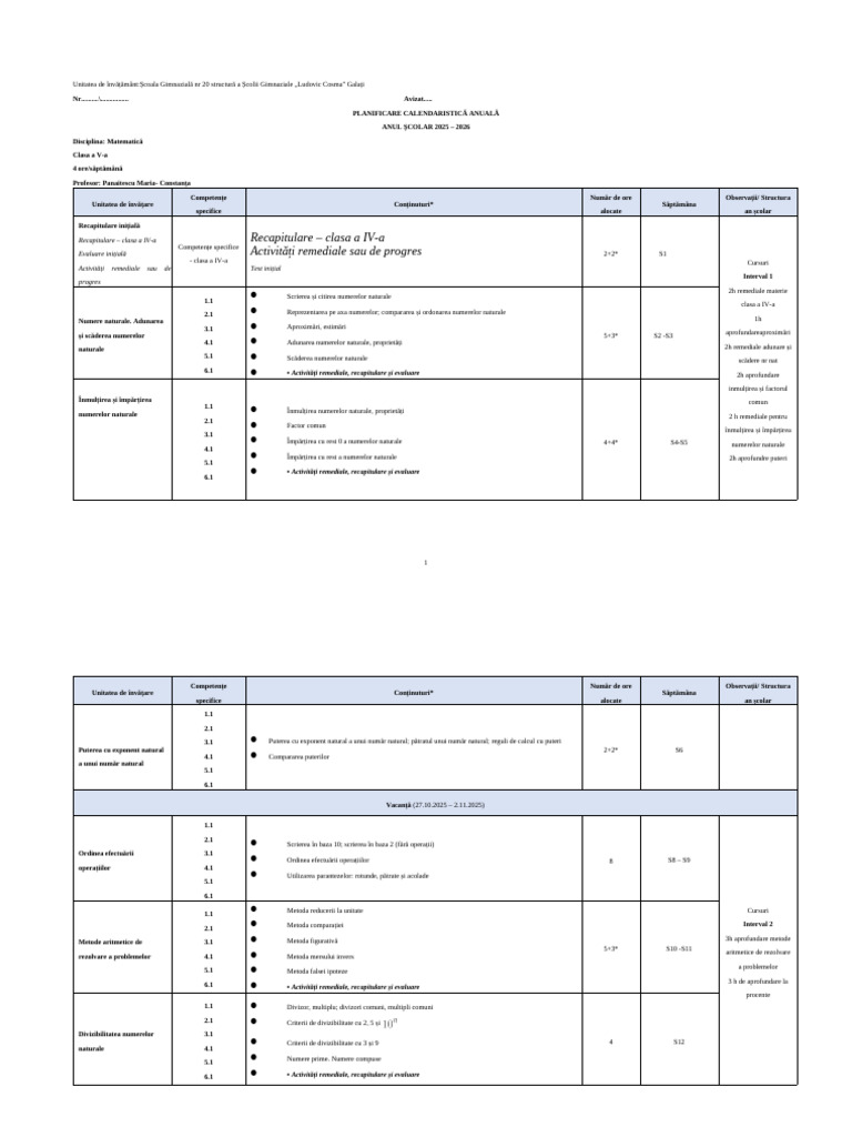Planificare Clasa A5a 2025-2026 | PDF