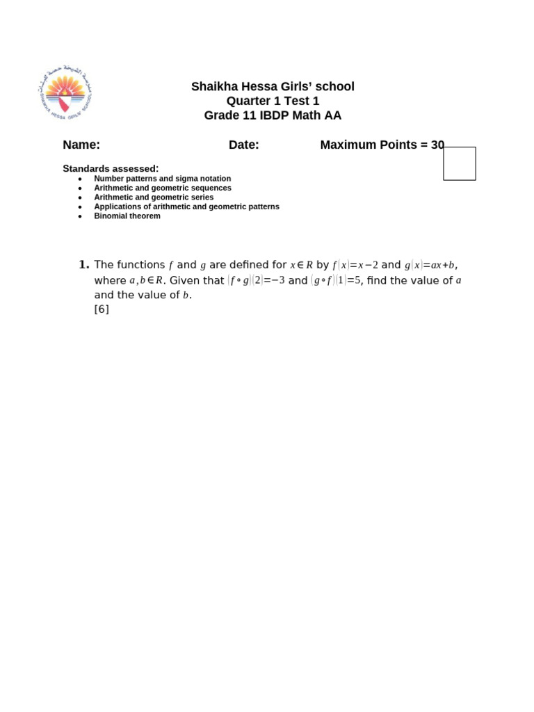 Grade 11 IBDP Math AA Test 1 | PDF