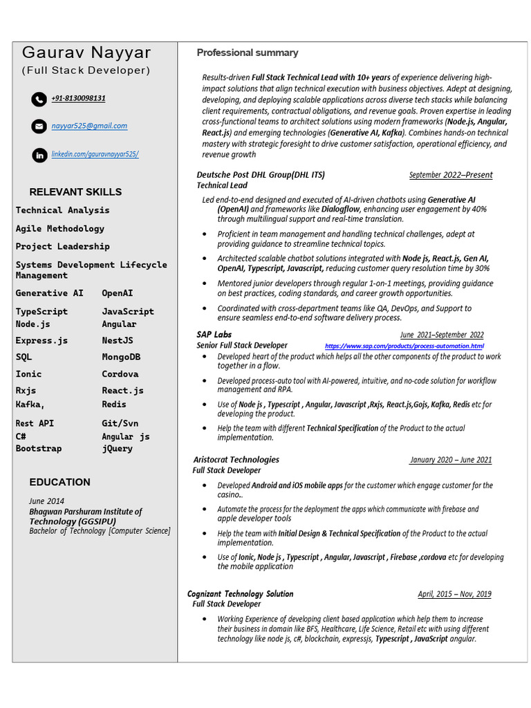 Gaurav Full Stack 10+ Yr | PDF | Java Script | Computing
