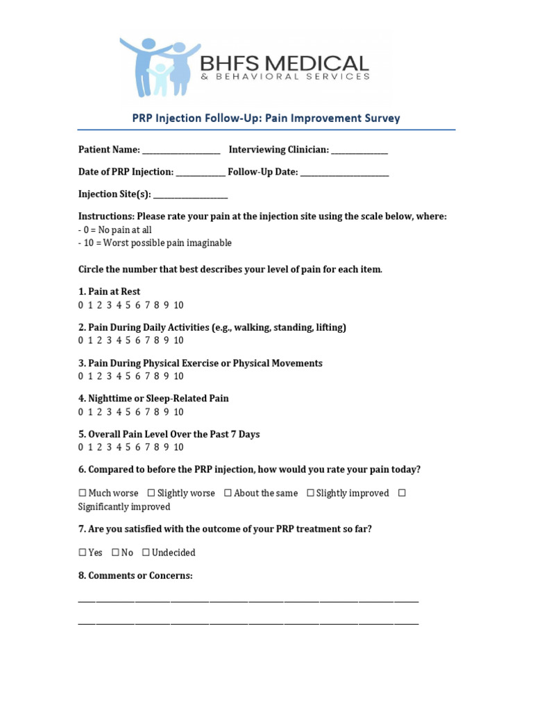 PRP Injection Pain Improvement Survey | PDF