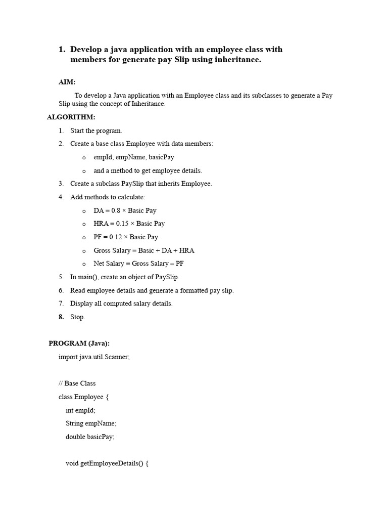 Java Program for Employee Pay Slip | PDF | Area | Method (Computer ...