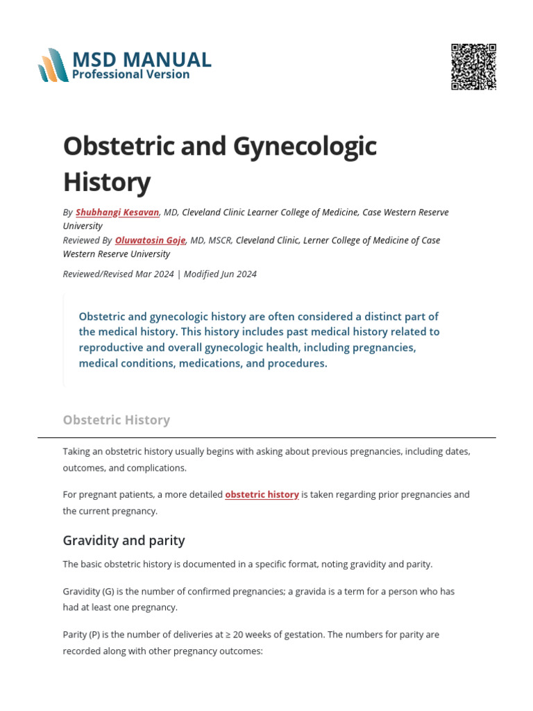 Obstetric and Gynecologic History - Gynecology and Obstetrics - MSD ...