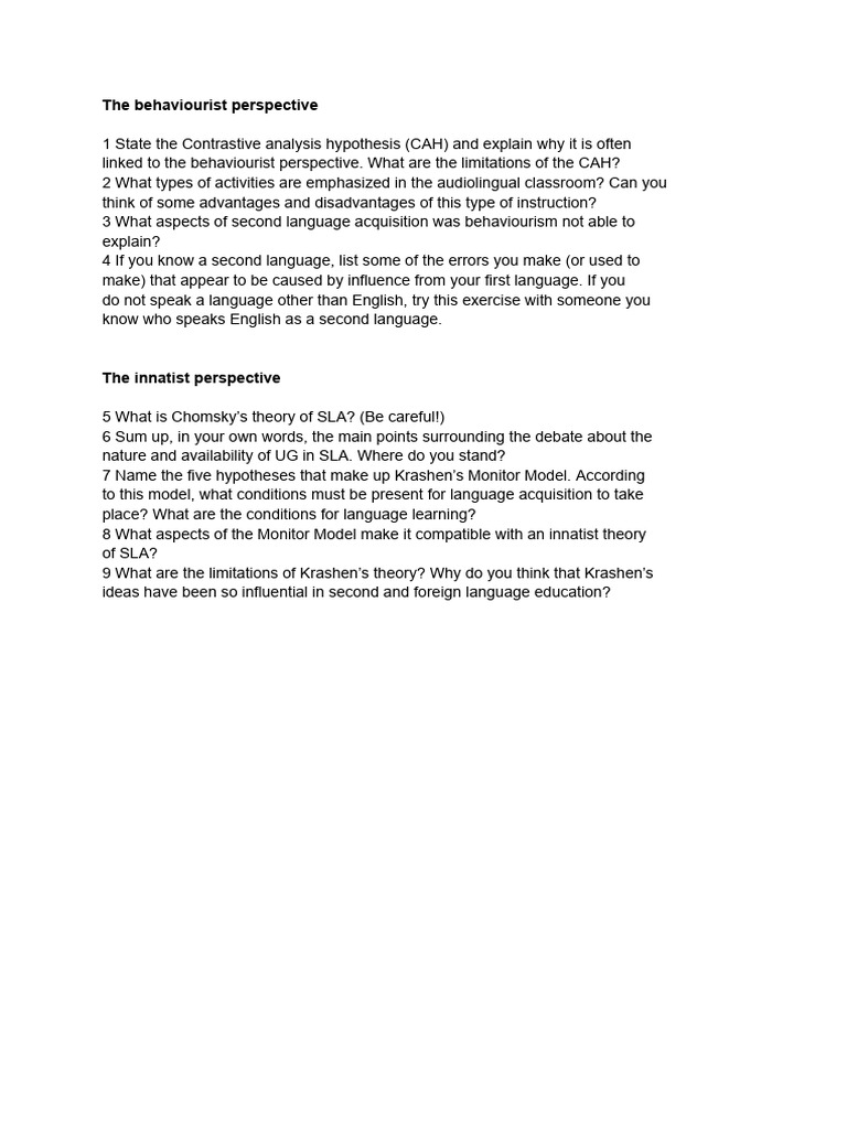 The Behaviourist Perspective - The Innatist Perspective | PDF