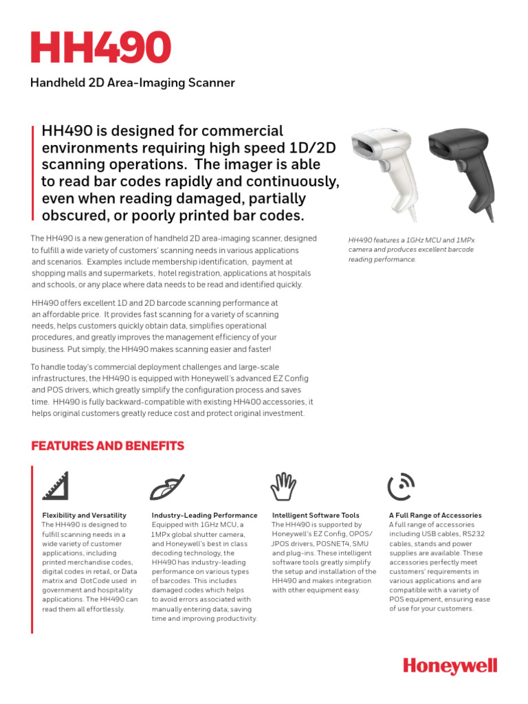 Hh490 Scanner Data Sheet en | PDF | Barcode | Image Scanner