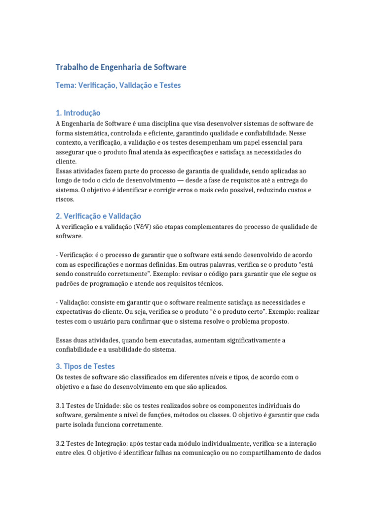 Verificação e Testes em Engenharia de Software | PDF | Testes de ...