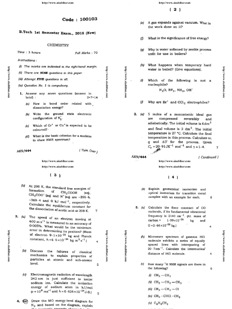 Btech Common 1 Sem Chemistry 100103 2018 | PDF