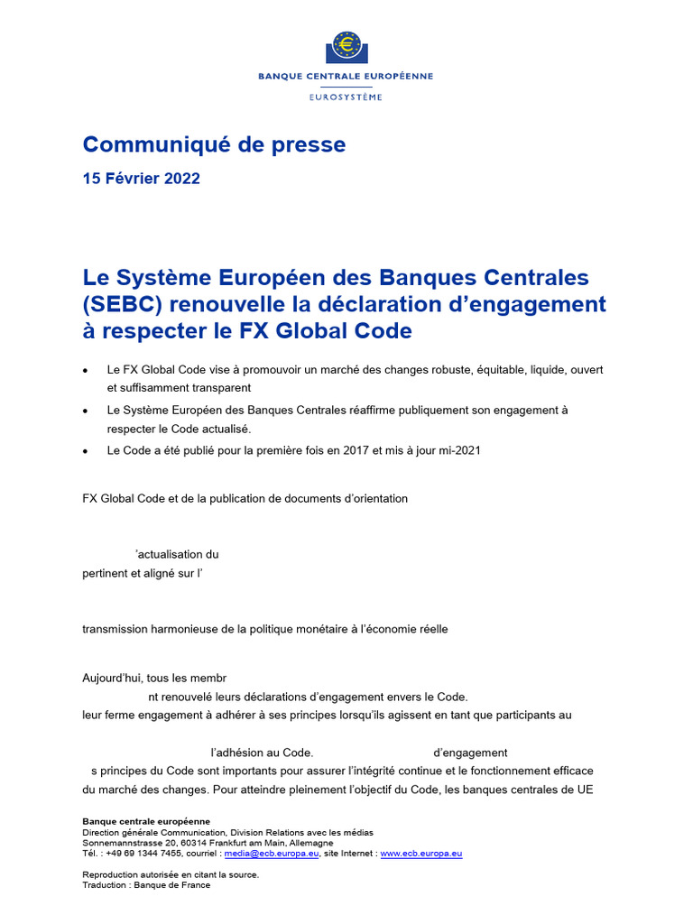 Engagement du SEBC au FX Global Code | PDF | Banque centrale européenne ...