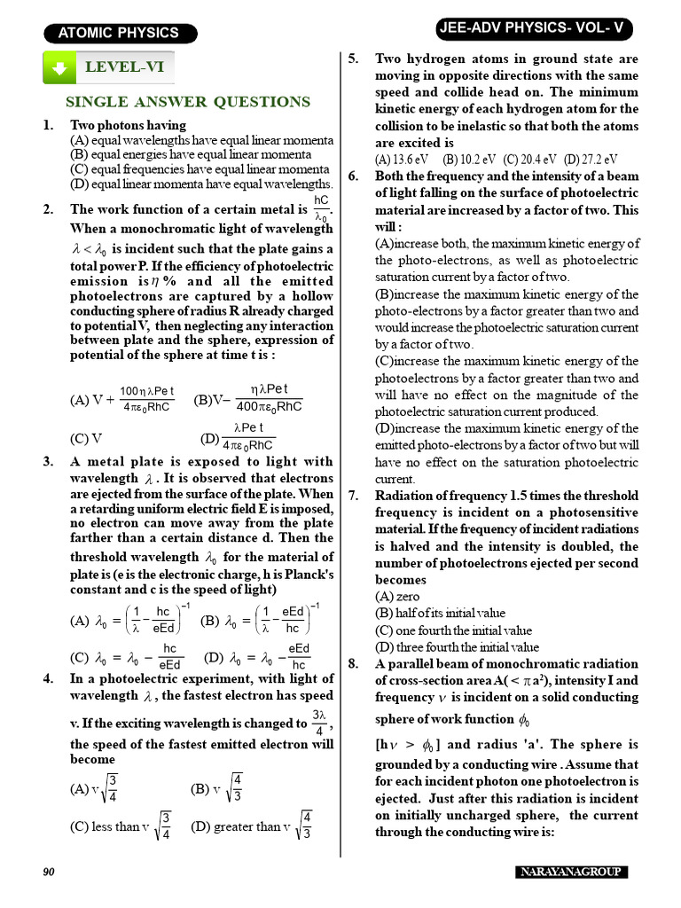 JEE Advanced Atomic Physics Questions | PDF | Photoelectric Effect ...