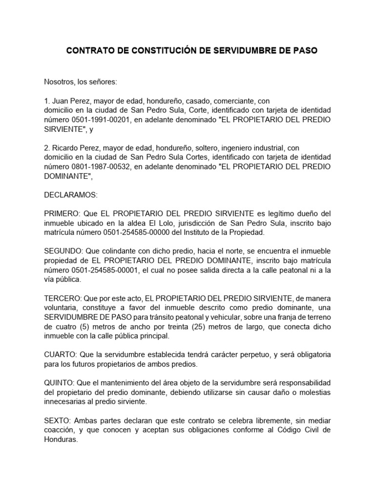 Contrato de Servidumbre de Paso en Honduras | PDF