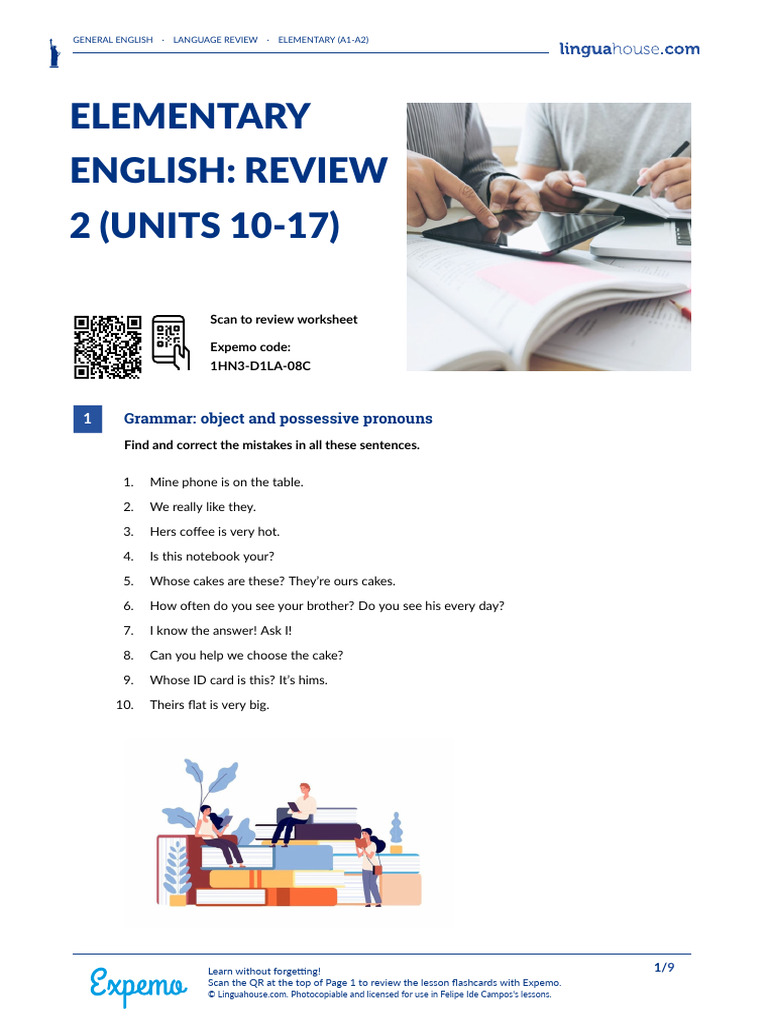 Elementary English Review 2 Units 10 17 American English Teacher A1 A2 ...
