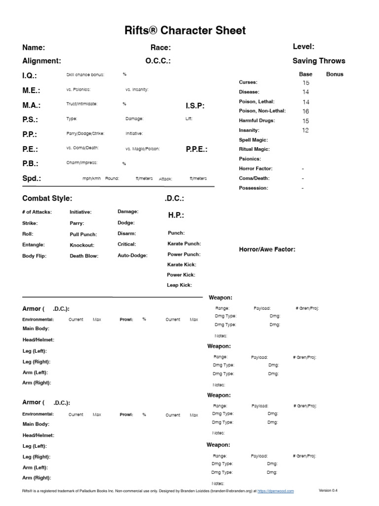 Rifts® Character Sheet Overview | PDF | Role Playing Games