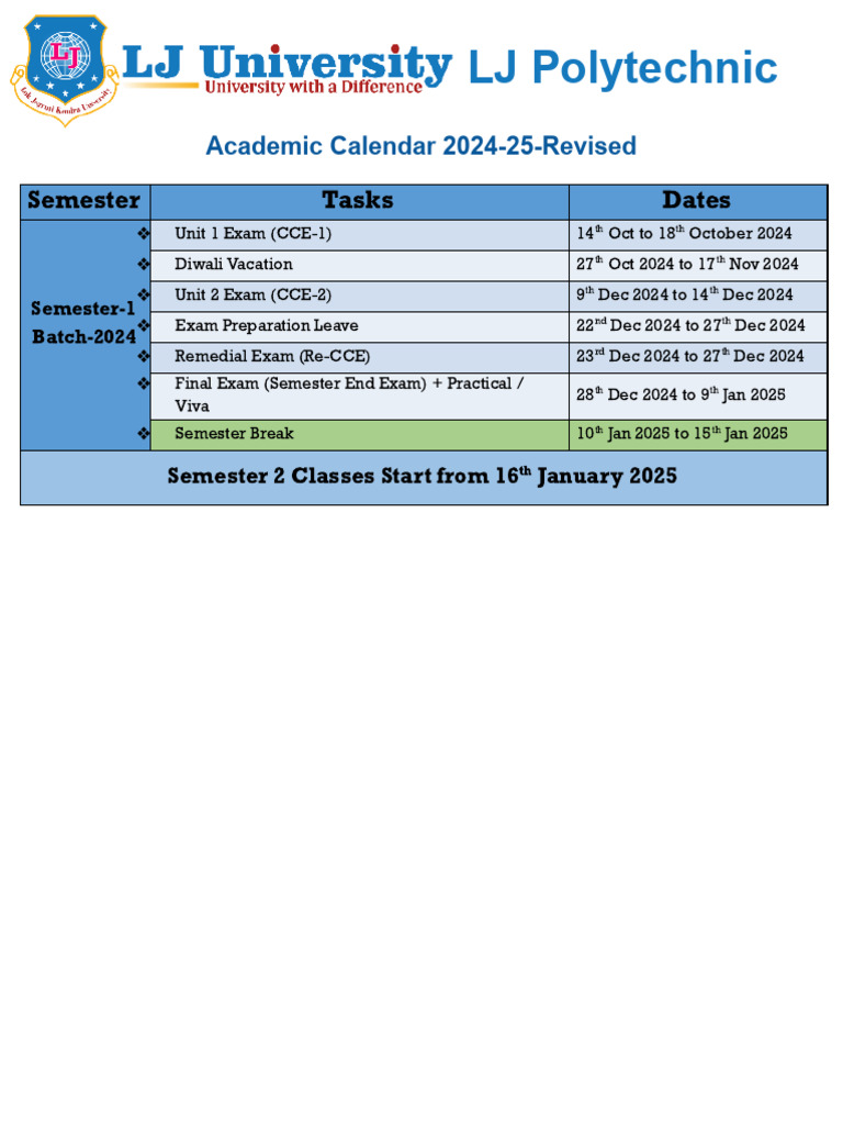 Academic Calendar 2024 25 Sem 1 Revised 1 | PDF