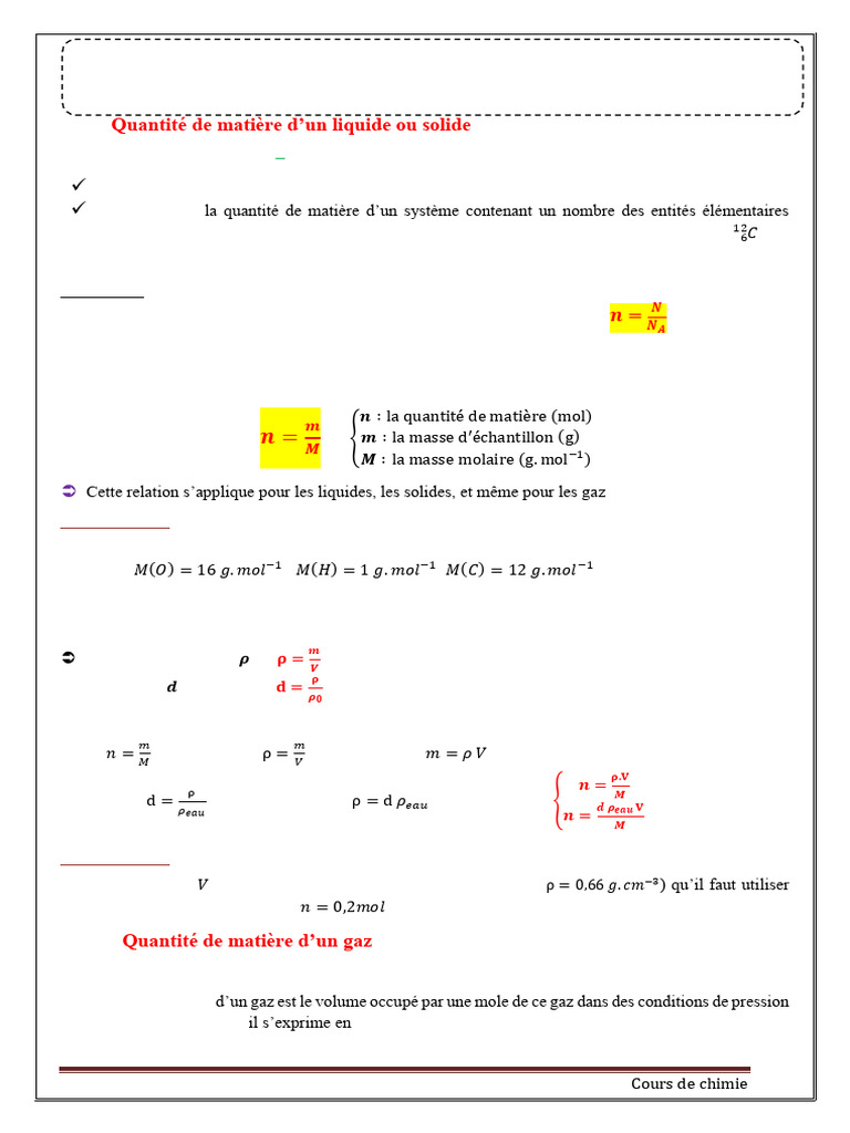 Quantité de matière en chimie | PDF | Concentration molaire | Sciences ...