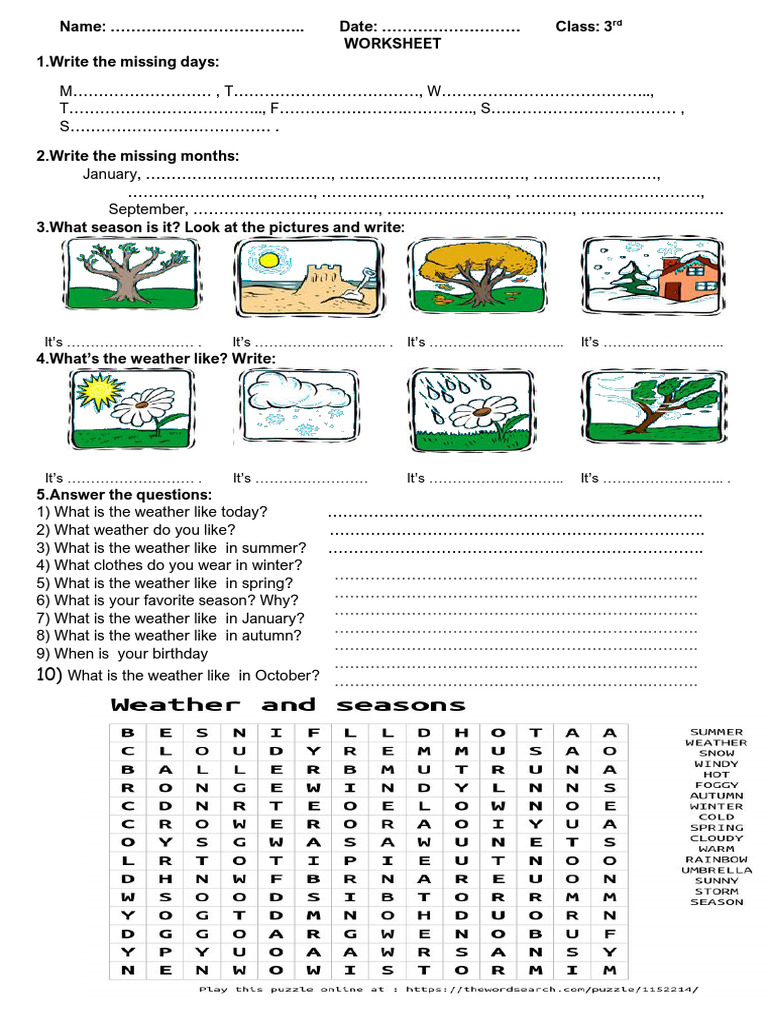 3rd Grade Weather and Seasons Worksheet | PDF