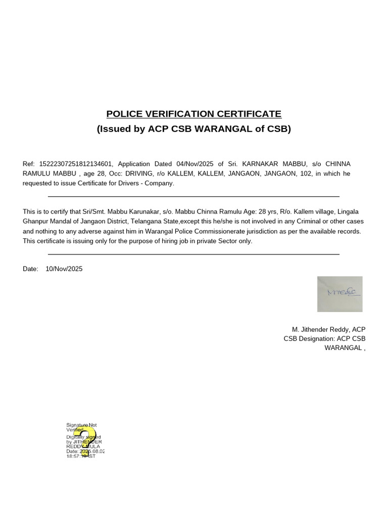 Police Verification Certificate (Issued by Acp CSB Warangal of CSB) | PDF