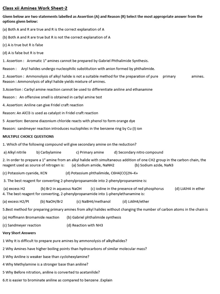 Class XII Amines Worksheet Answers | PDF | Amine | Aldehyde