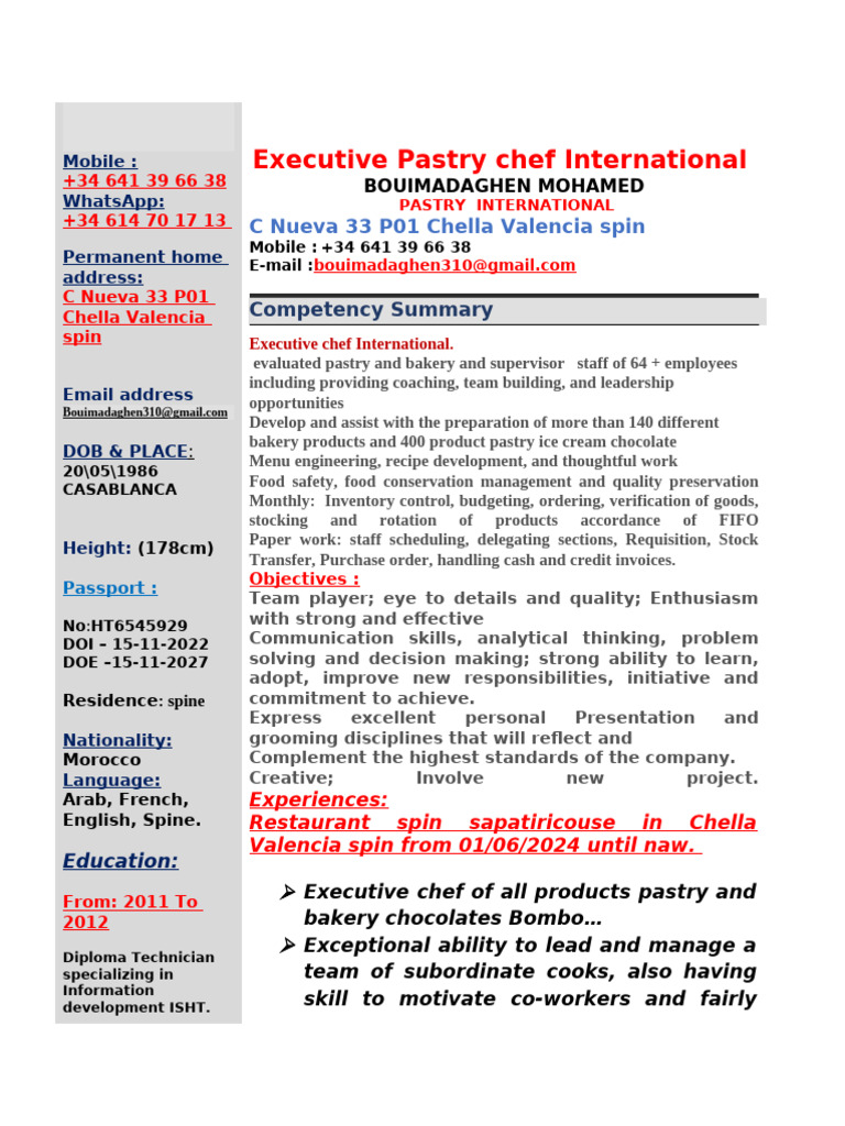 Executive Pastry Chef Profile & Experience | PDF | Chef | Kitchen
