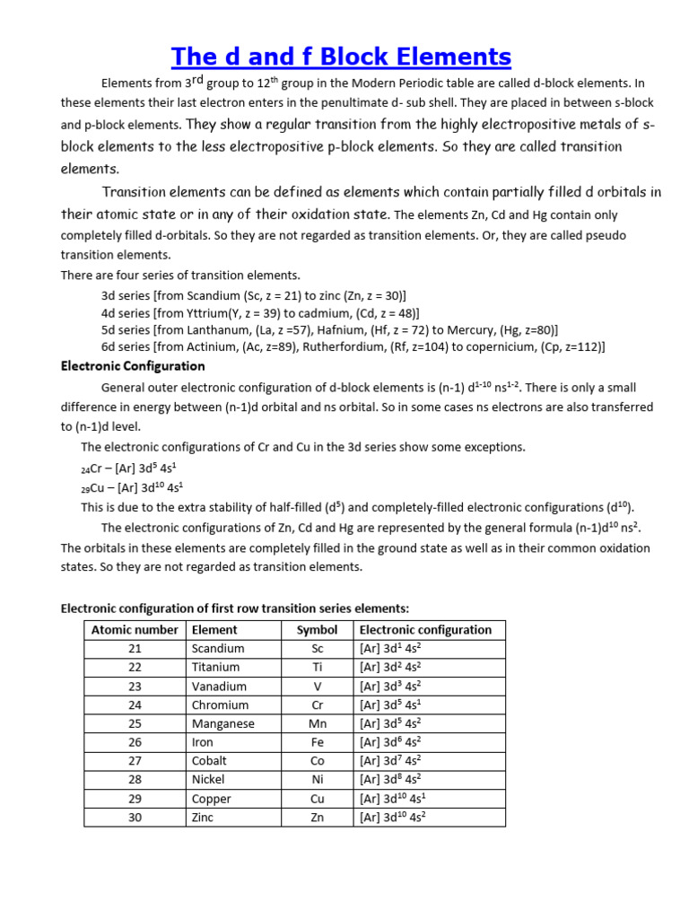 D and F Block Elements - Notes | PDF | Actinide | Lanthanide