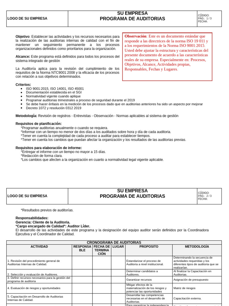 Programa de Auditorías Internas ISO 9001 | PDF | Auditoría | Business