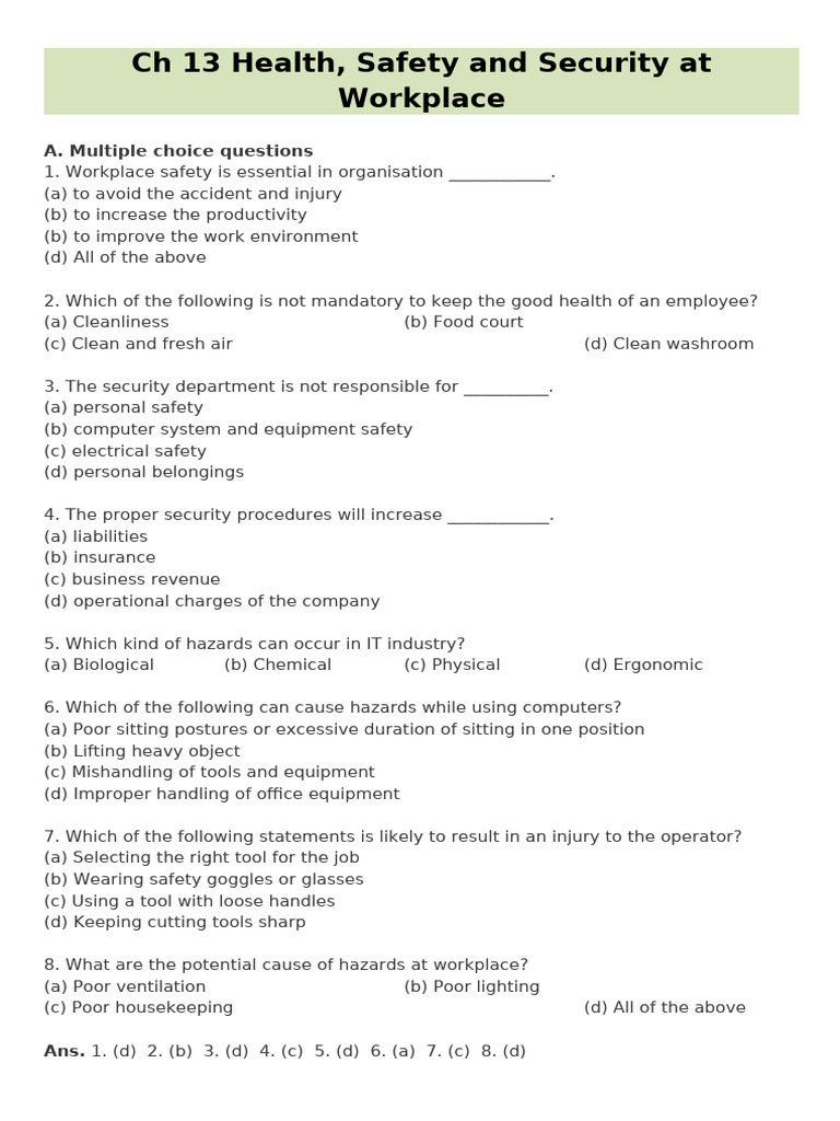 Class X - IT Part B - Unit 4 - Health, Safety and Security at Workplace ...