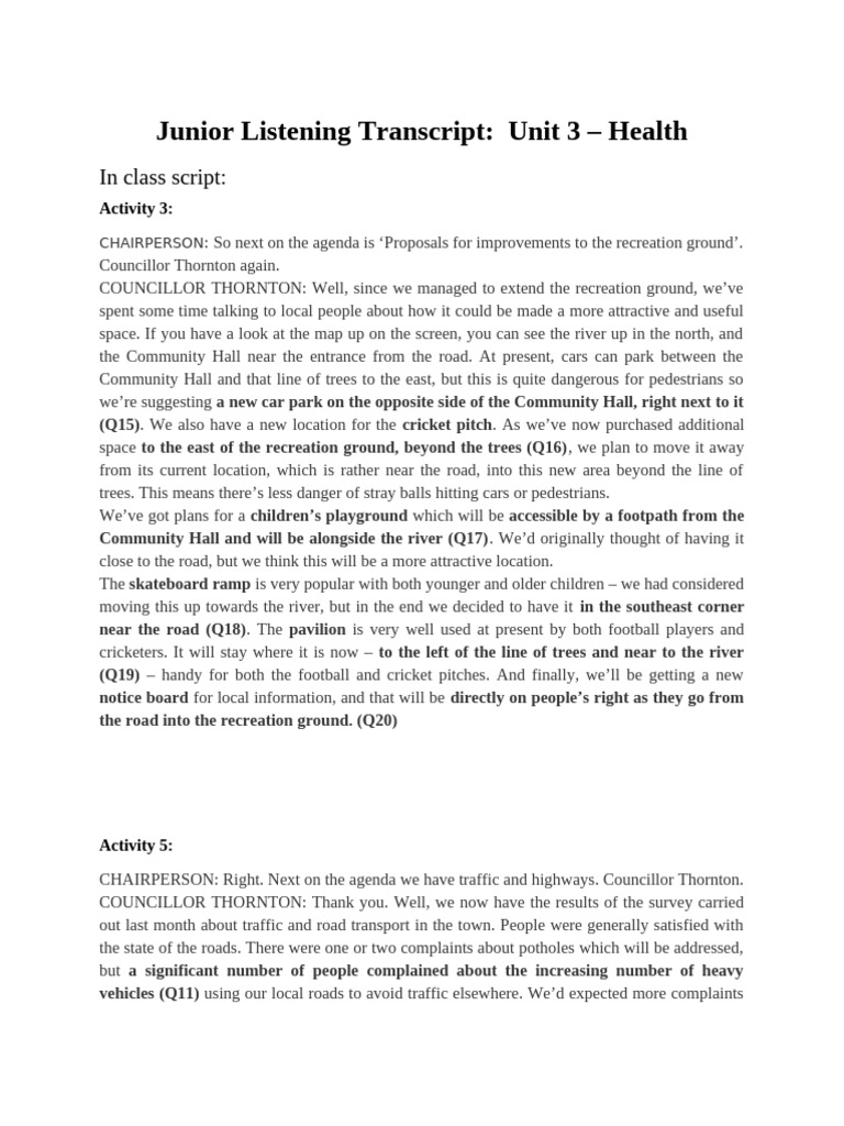 Junior Listening Transcript Unit 3 - Health | PDF | Road | Traffic