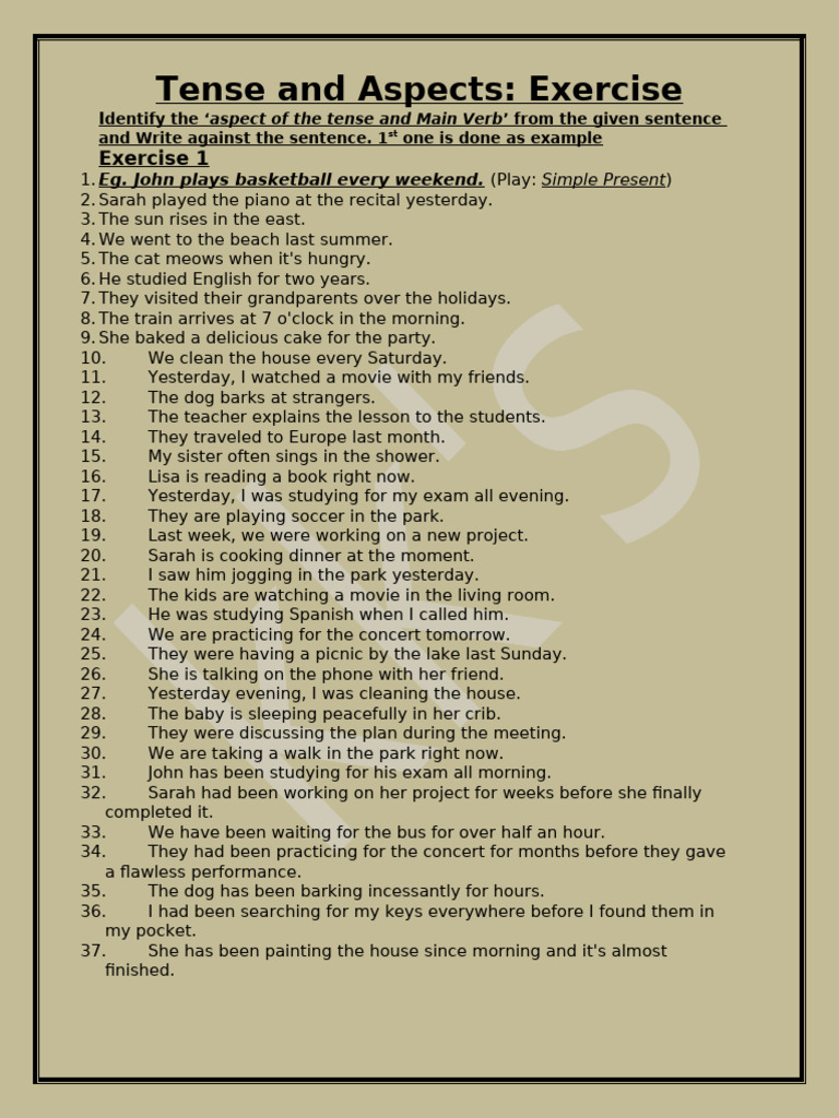 Tense and Aspect Identification Exercises | PDF