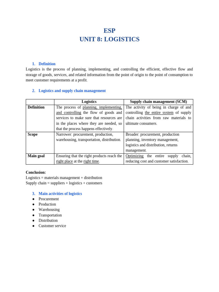 Esp Unit 8 Handout | PDF | Logistics | Supply Chain