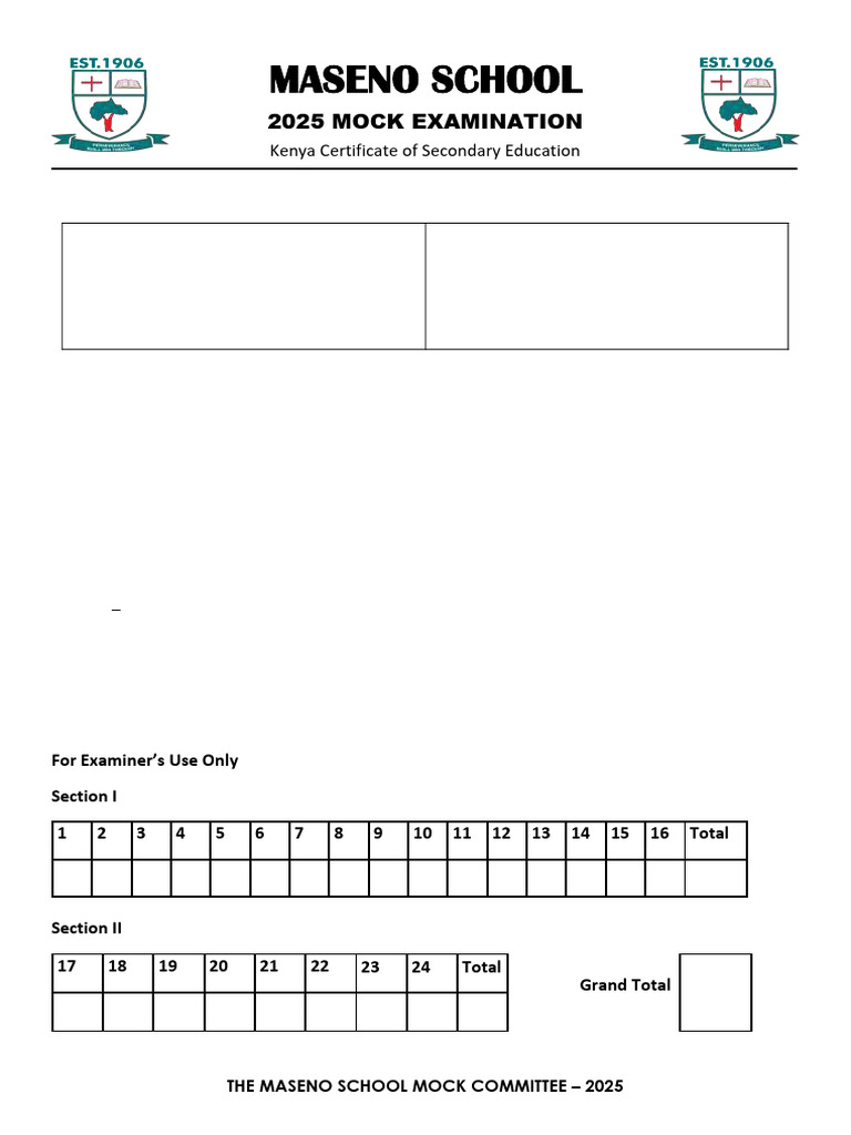 Maseno School 2025 Mock Math Exam | PDF | Area | Geometry