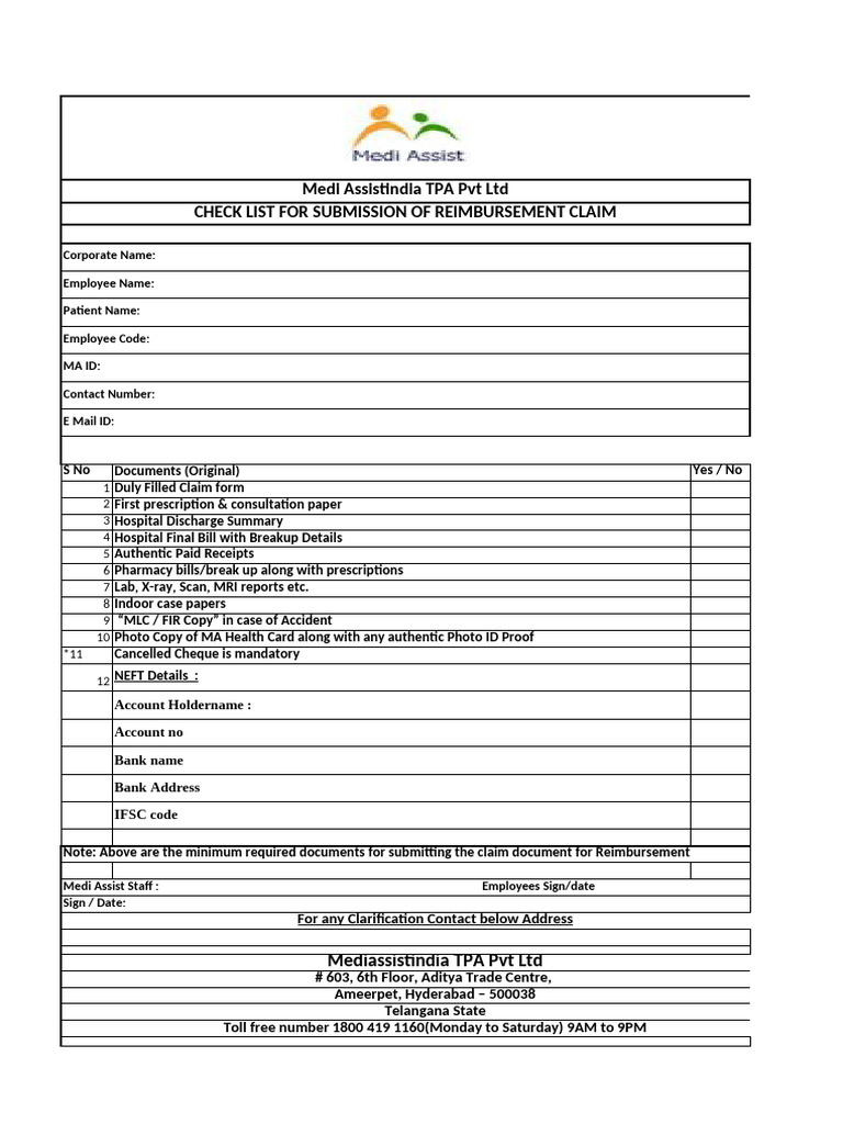 Medi Assist Reimbursement Claim Checklist | PDF | Health Care