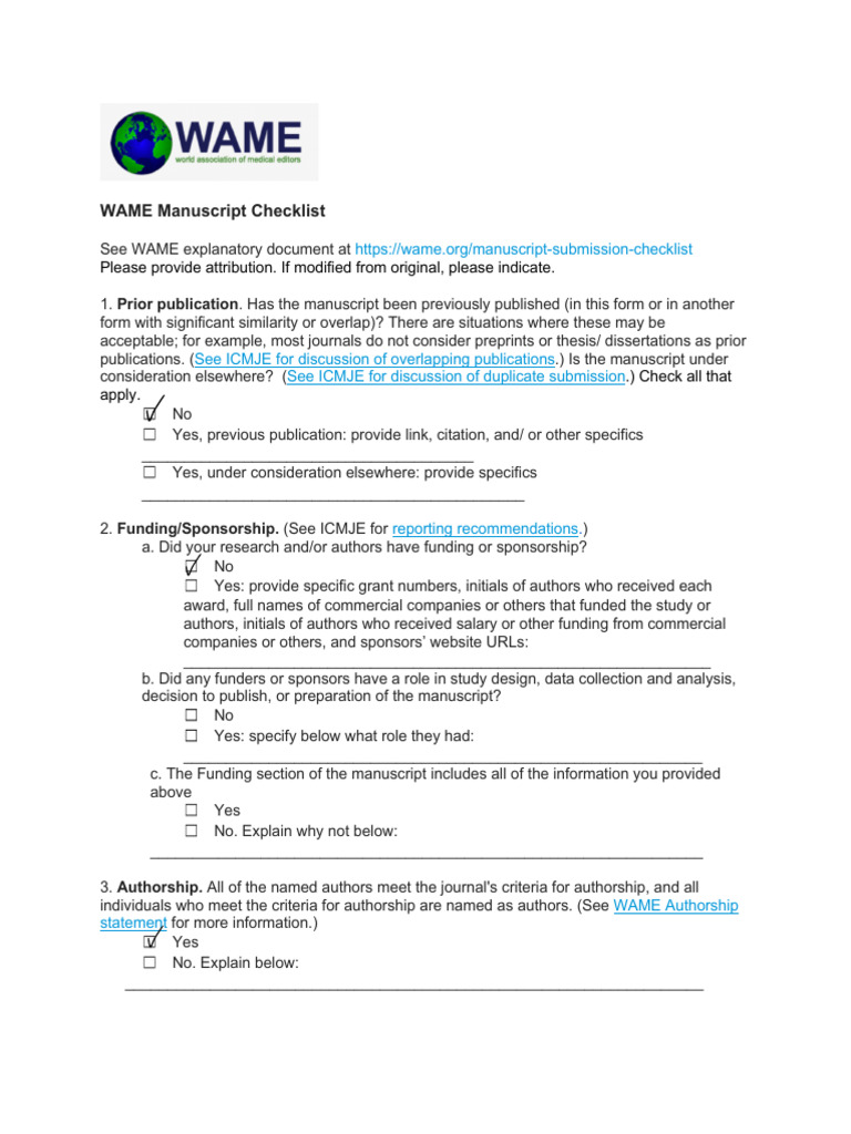 WAME Manuscript Submission Checklist | PDF | Clinical Trial | Thesis
