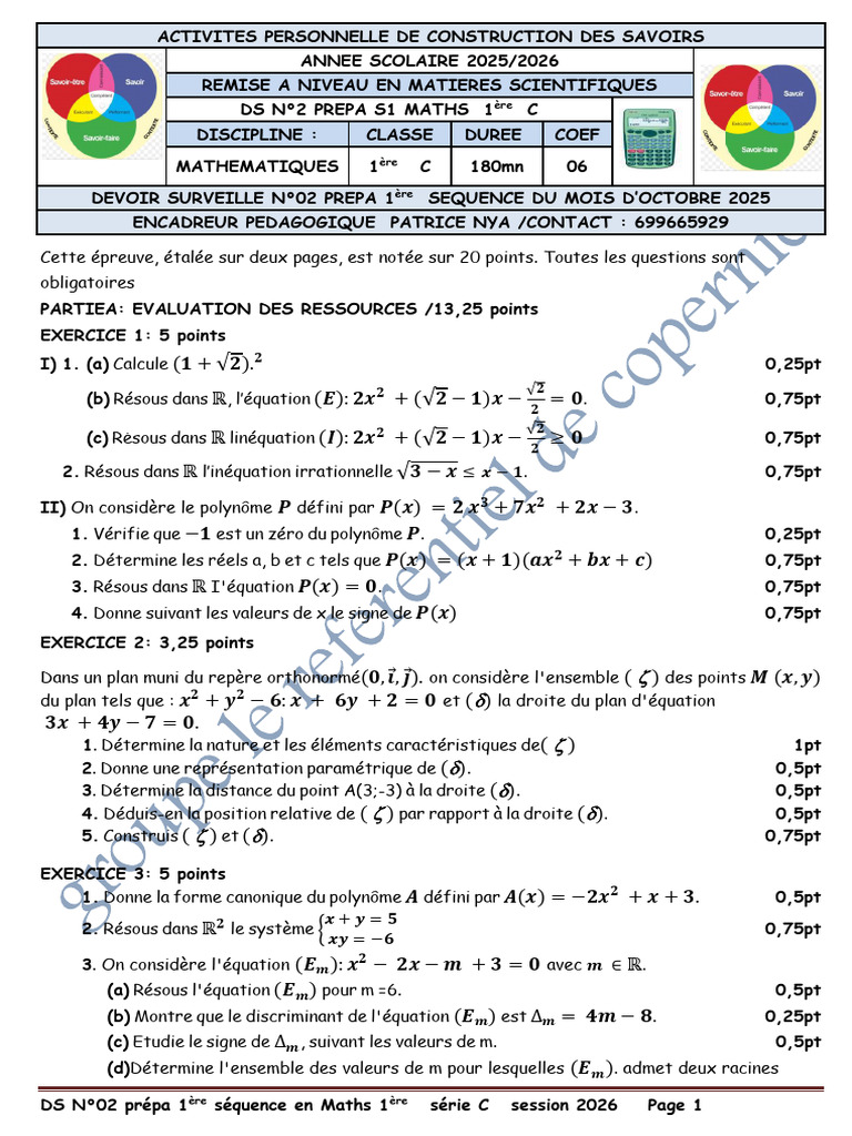 Devoir de Maths 1ère C - DS N°02 2026 | PDF | Coordonnées cartésiennes ...