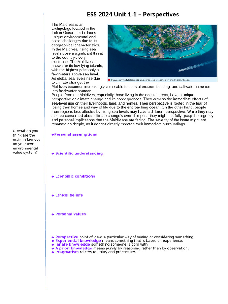 ESS 2024 Unit 1 Perspectives Class Notes | PDF | Sea Level Rise | Knowledge