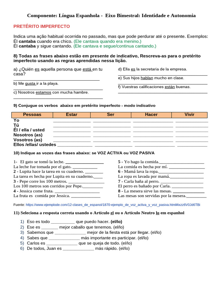 Ejercicios de Pretérito Imperfecto en Español | PDF | Sintaxis | Gramática
