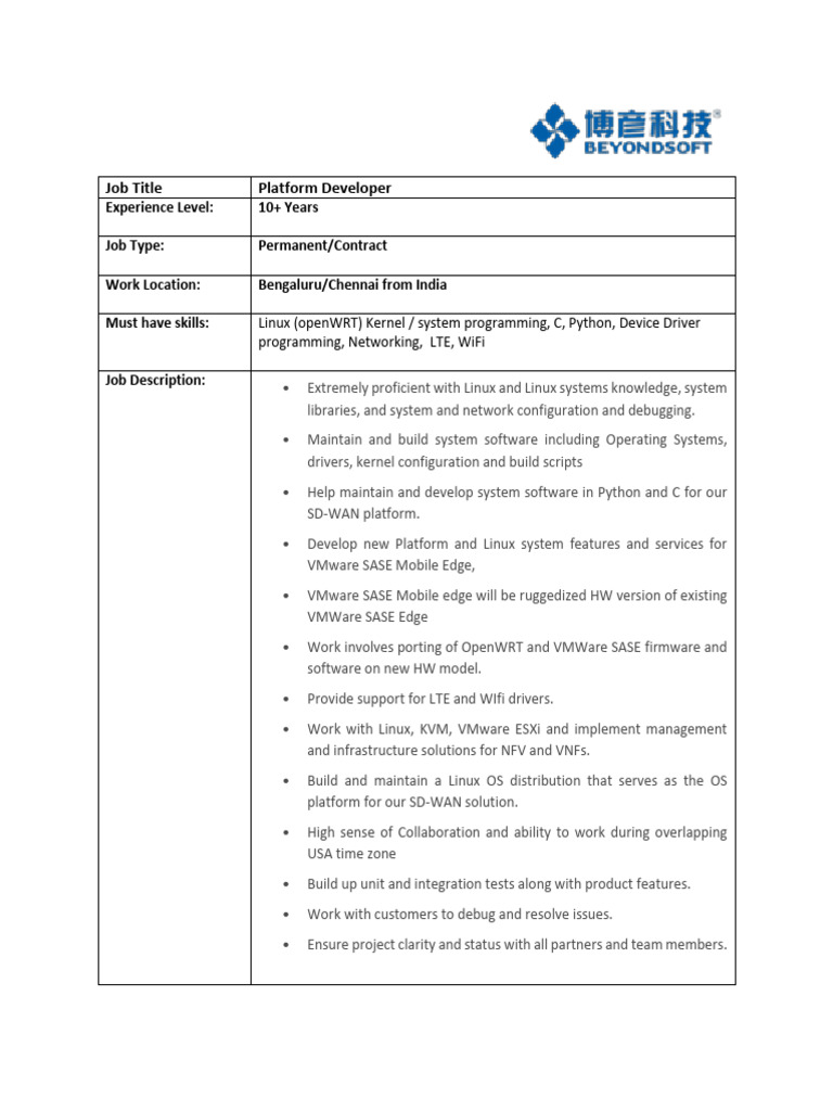 JD - Platform Developer - Beyondsoft India VMware | PDF