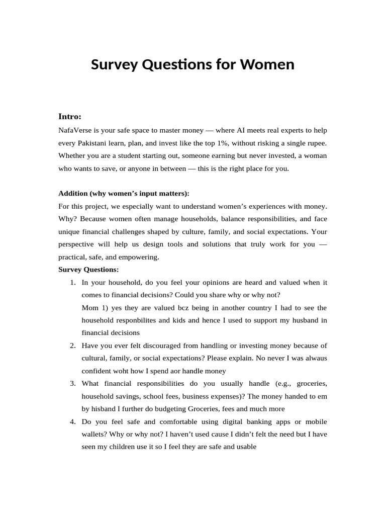 Survey on Women's Financial Experiences | PDF